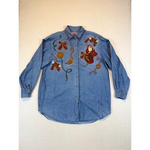 Vintage Womens Size Medium Denim Shirt Santa Claus Christmas Holiday